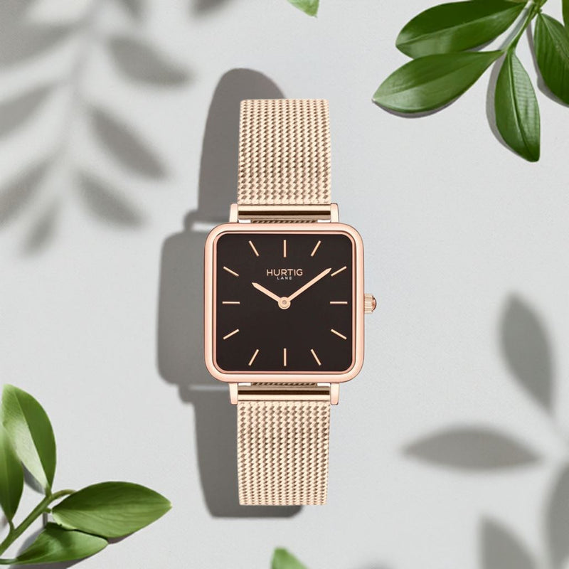 Neliö Stainless Steel Rose Gold, Black & Rose Gold Watch Hurtig Lane Vegan Watches