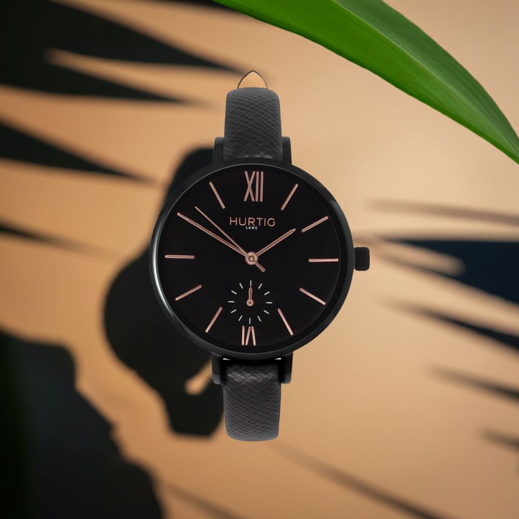 Amalfi Petite Vegan Leather Watch Black, Black & Black - Hurtig Lane - sustainable- vegan-ethical- cruelty free