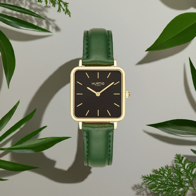 Neliö Square Vegan Leather Watch Gold,Black & Green Watch Hurtig Lane Vegan Watches