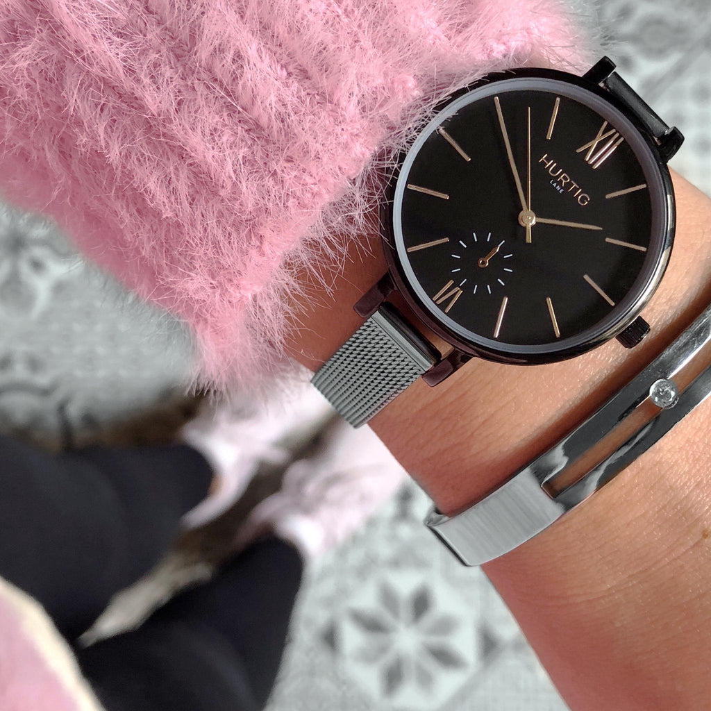 ethical mesh vegan watch. silver and black