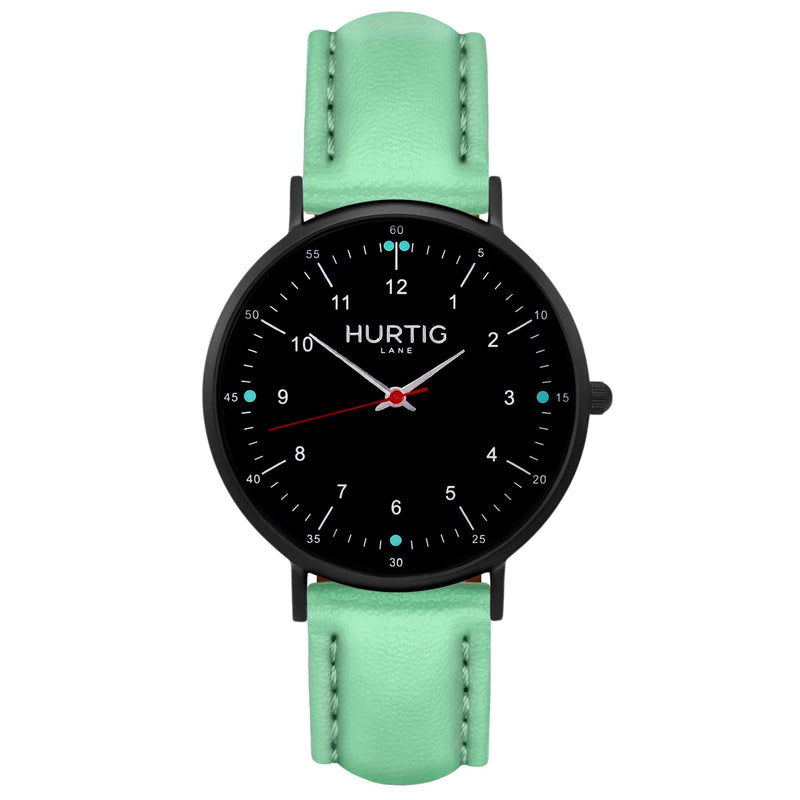 Moderna Vegan Leather Watch All Black & Mint Watch Hurtig Lane Vegan Watches