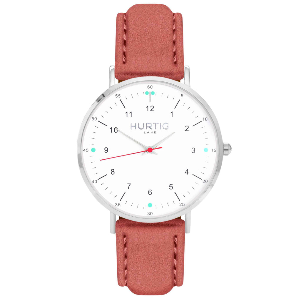 Moderno Vegan Suede Watch Silver, White & Coral Watch Hurtig Lane Vegan Watches