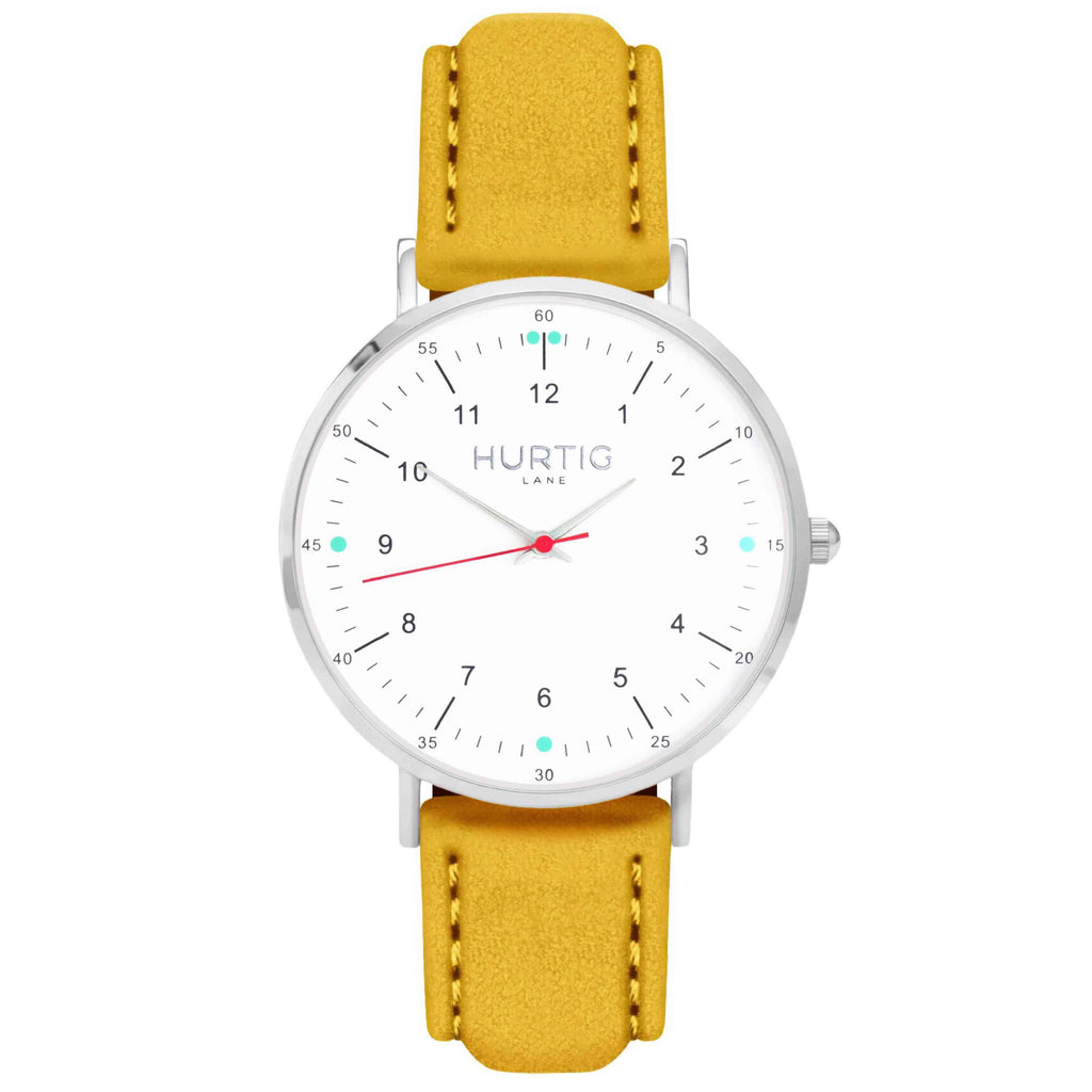 Moderno Vegan Suede Watch Silver, White & Mustard Watch Hurtig Lane Vegan Watches