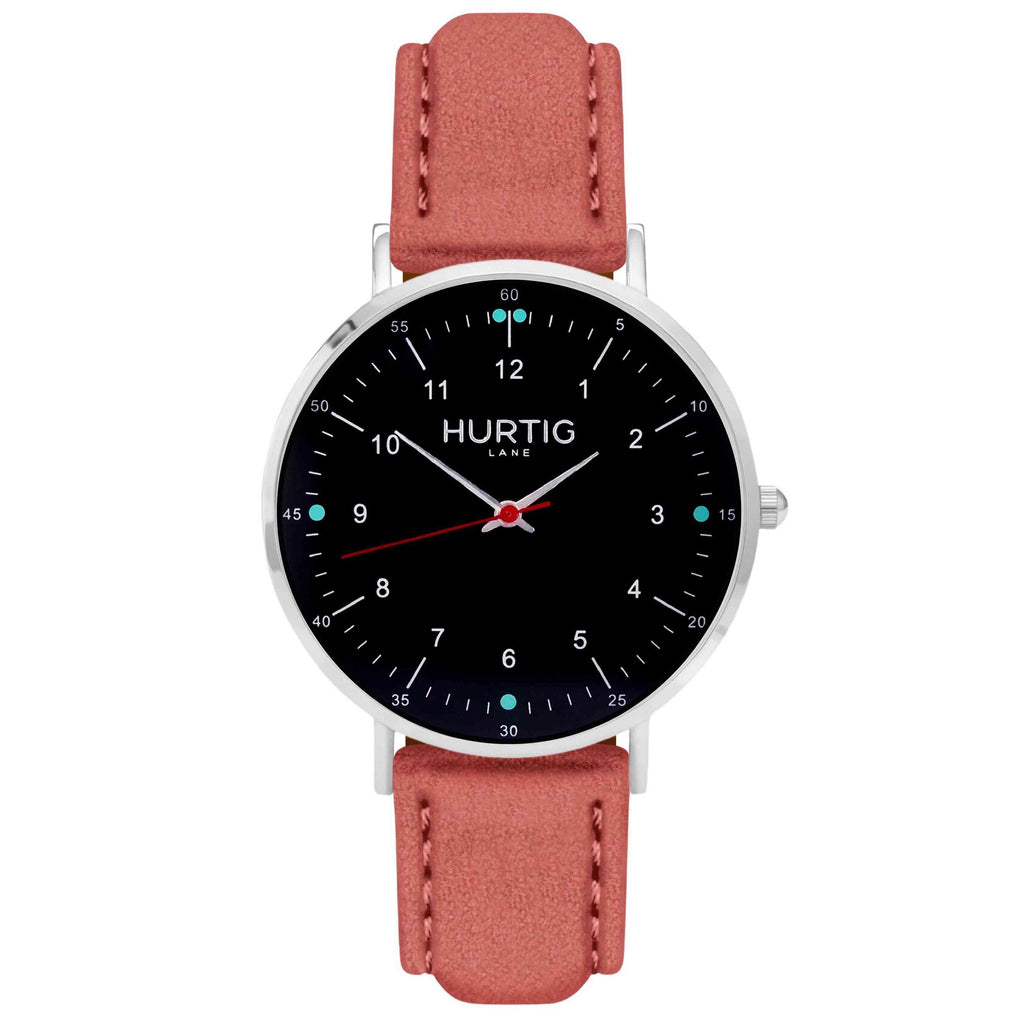 Moderno Vegan Suede Watch Silver, Black & Coral Watch Hurtig Lane Vegan Watches