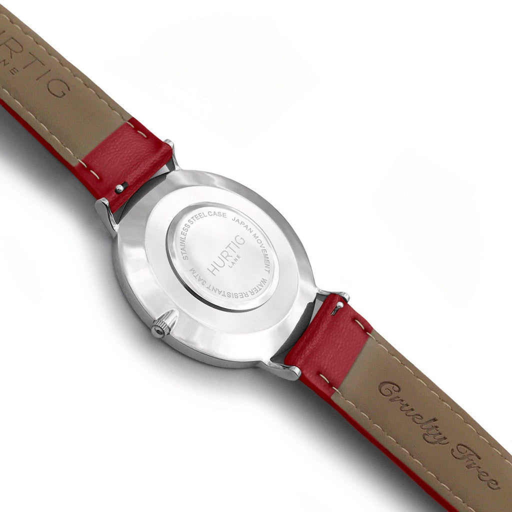 Mykonos Vegan Leather Watch Silver, Grey & Red Watch Hurtig Lane Vegan Watches