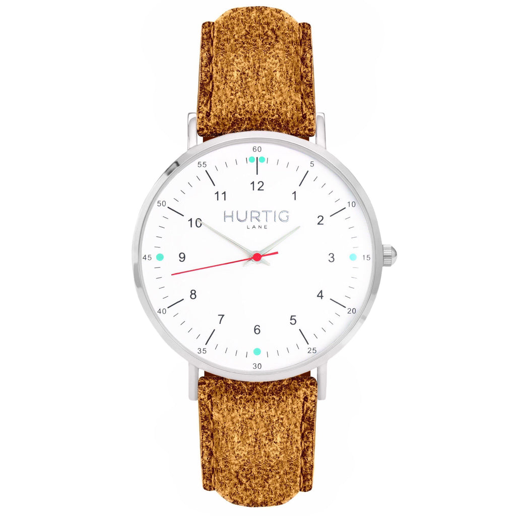 Moderno Vegan Tweed Watch Silver, White & Camel Brown Watch Hurtig Lane Vegan Watches