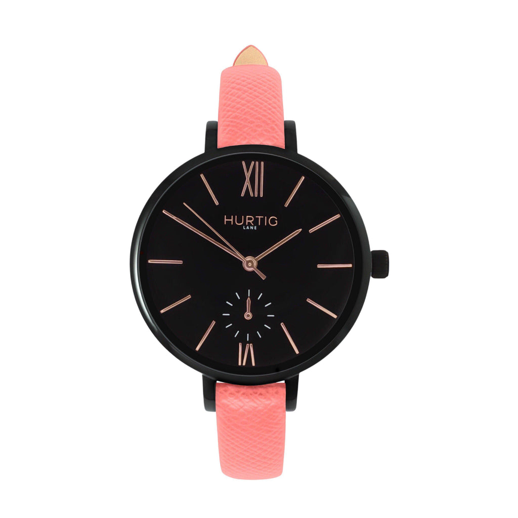 women's vegan leather watch. black and pink