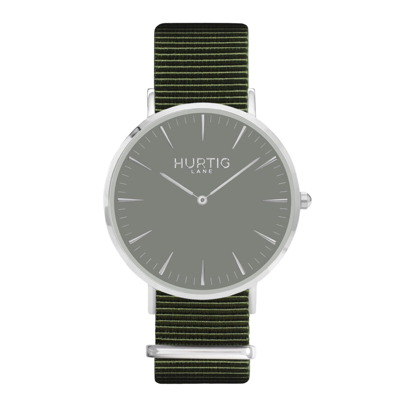 vegan nylon nato watch. silver, grey  & green. vegane uhr