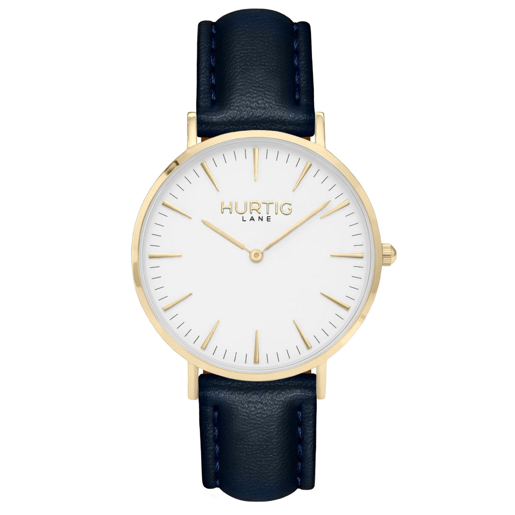 gold and dark blue watch vegan