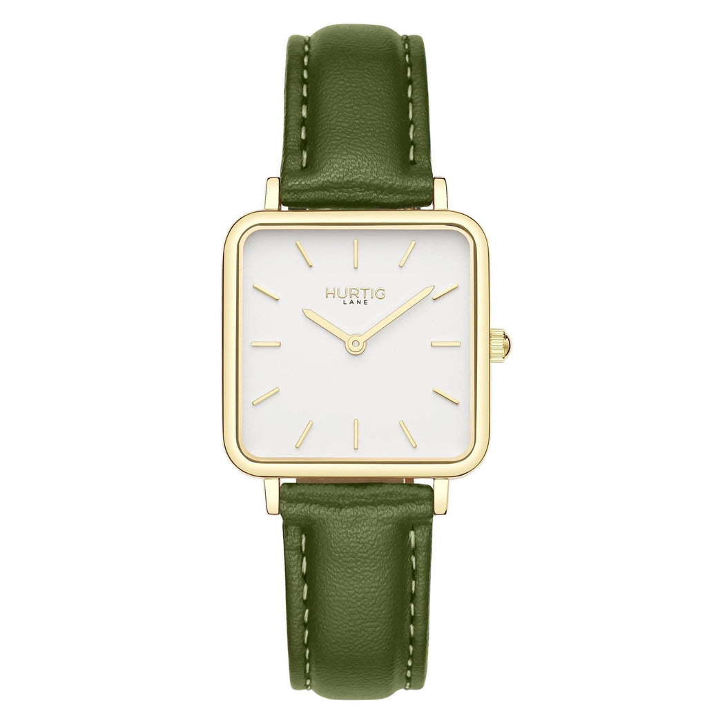 Neliö Square CACTUS Leather Watch Gold, White & Green Watch Hurtig Lane Vegan Watches